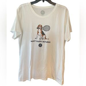 Life is Good Sz XL Women’s White Tennis Sporty Puppy Dog Crusher T-Shirt